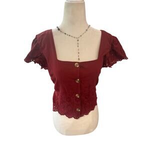 Kontrol Red Cropped Eyelet Button Up Blouse Valentines Romantic - Size Medium